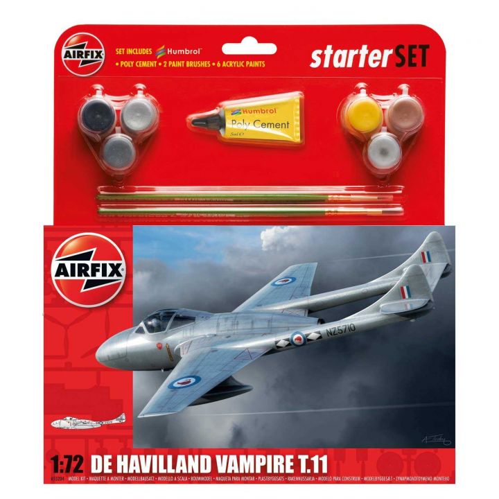 Plastikov model letadla De Havilland Vampire T11 (1:72) - Starter Set, vetn barev a lepidla - Airfix A55204