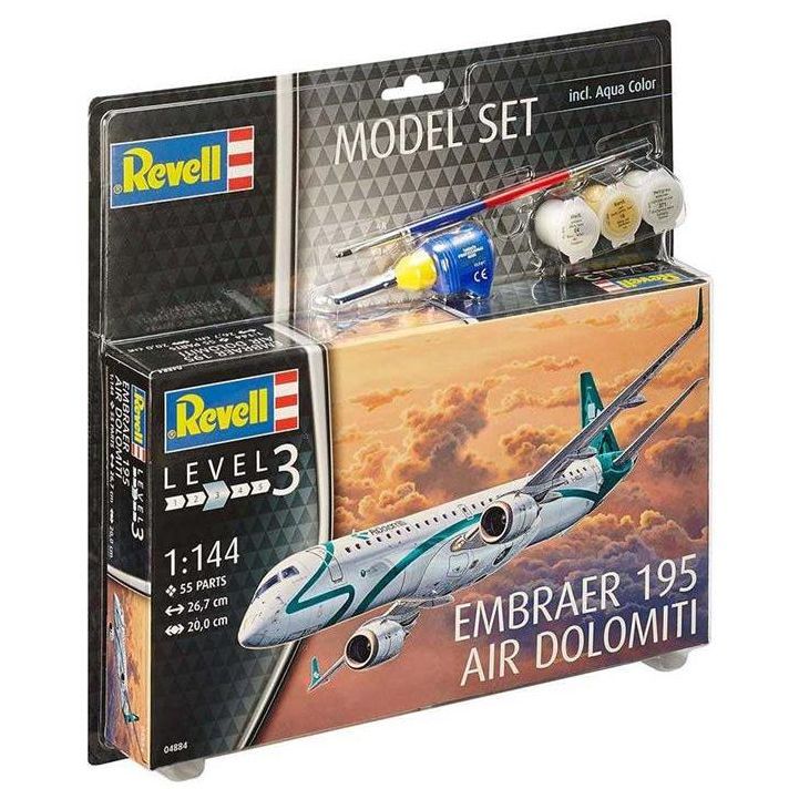 Plastikov model letadla Embraer 195 Air Dolomiti (1:144) - ModelSet, vetn barev a lepidla - Revell 64884