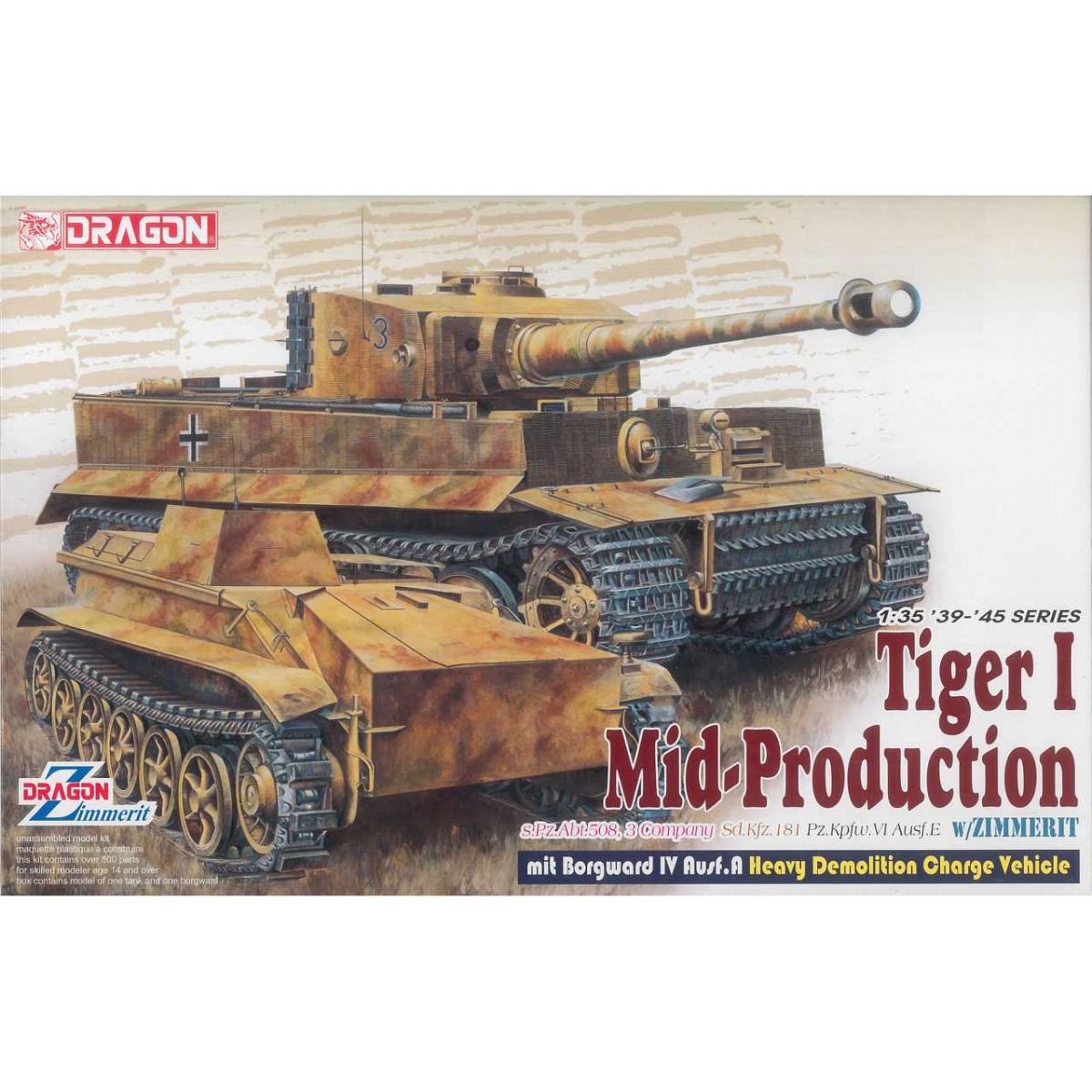 Plastikov model tanku Pz.Kpfw.VI Ausf.E Tiger I Mid Production Remote Controller mit Borgward Ausf.A Heavy Demolition Vehicle s.Pz.Abt. 508, C Company (1:35) - Dragon 6866