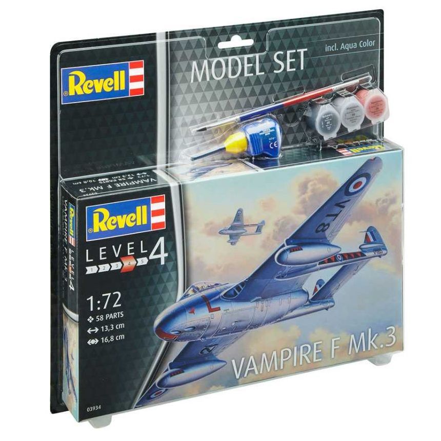 Plastikov model letadla Vampire F Mk.3 (1:72) - ModelSet, vetn barev a lepidla - Revell 63934